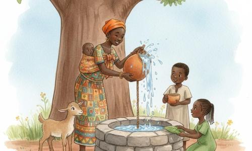 A smiling, serene dark-skinned African woman in a colorful geometric dress and orange headscarf carries a baby on her back in a pagne and holds a large wooden gourd of sparkling water; an around-8-year-old boy with short hair in a light tunic stands to her right holding a small gourd cup ready to receive water; an around-6-year-old girl with fine braids in a green dress kneels near the bucket holding a large leaf to wipe the gourd rim; a small beige kid with gentle eyes stands on the left near the well rope, curious; setting: a round stone well at the base of a large baobab, red earth, short grass, a few yellow flowers and a pale blue sky; main scene: the woman gently pulls the well rope as the children help and the gourd rises splashing water, warm communal mood, soft watercolor-washed colors.