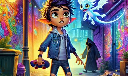 A young character with tousled hair and pointed ears, wearing a denim jacket and ripped jeans, looks on with wide, curious eyes while holding a skateboard under one arm. He stands in front of a vibrant mural, where bright colors dance and shimmer. Next to him, a small dragon with shiny scales and mischievous eyes floats in the air with a playful expression, observing the scene with fascination. In the distance, a mysterious figure in a dark cloak stands in the shadows, their bright eyes revealing a mix of curiosity and concern. The setting is a bustling urban alley lined with walls covered in colorful graffiti, where neon lights reflect on the wet pavement. Overflowing trash bins and torn posters flutter in the wind, creating a magical yet urban atmosphere. The main situation shows the young character discovering a shiny silver feather on the ground, with a mysterious glow emanating from the mural, signaling the opening of a passage to a fantastical world.