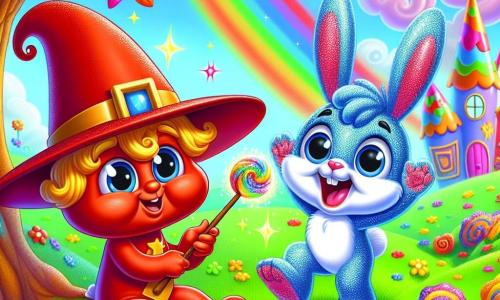 Pasquale, un piccolo pastello rosso con un grande cappello a punta troppo largo, è seduto sotto un albero dalle foglie multicolori, mostrando un sorriso gioioso e occhi scintillanti di eccitazione. Tiene una piccola bacchetta magica in legno, pronto a realizzare un nuovo incantesimo. Accanto a lui, Saltello, un coniglietto blu con grandi orecchie e pelo lucente, salta di gioia, i suoi occhi rotondi pieni di entusiasmo. Il paesaggio è un campo vibrante di colori, con case dipinte in tonalità arcobaleno, alberi dai tronchi a spirale e nuvole a forma di caramelle che fluttuano in un cielo azzurro chiaro. La scena principale mostra Pasquale che prepara un incantesimo per far apparire musica magica, mentre Saltello lo incoraggia con un grande sorriso, creando un'atmosfera gioiosa e piena di magia.