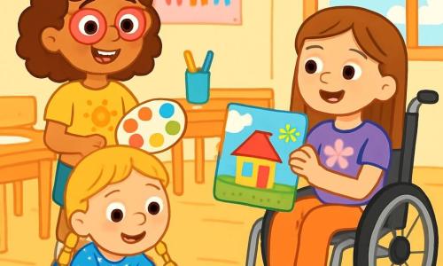 There are three characters: Lucy, an 8-year-old girl with curly brown hair and pink glasses, wearing a yellow t-shirt with a sun design and denim shorts. She is standing, smiling, holding a colorful paint palette. Mia, a 7-year-old girl with braided blonde hair in a blue dress with white polka dots, is sitting on the floor surrounded by colored pencils, drawing a rainbow. Emma, a 9-year-old girl in a wheelchair with smooth brown hair, is next to Lucy, showing a colorful painting she created. The setting is a bright classroom with light yellow walls, decorated with colorful posters about friendship and inclusion. There are wooden tables with scattered art supplies, and a large window lets in sunlight, illuminating the room. The main scene shows Lucy, Mia, and Emma sharing a joyful moment, with bright smiles. Lucy and Emma are discussing art while Mia enthusiastically draws. The atmosphere is warm and friendly, filled with creativity and laughter.
