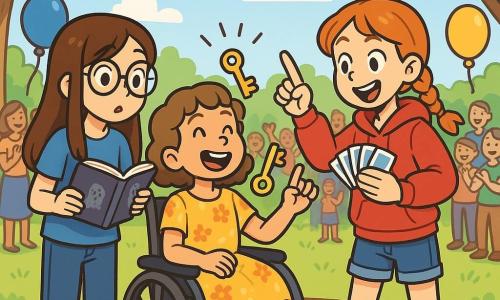 There are 3 characters: - Emily: an 11-year-old girl with long brown hair and round glasses. She wears a blue t-shirt and jeans, holding a book in her hands, looking curiously. - Olivia: an 11-year-old girl with short, curly light brown hair. She is sitting in a wheelchair, dressed in a yellow floral dress, and smiling joyfully while listening to her friends. - Sophie: a 10-year-old girl with red braided hair. She wears a red hoodie and denim shorts, standing and gesturing enthusiastically, ready to perform a magic trick. The three friends are on a wooden stage decorated with colorful garlands and floating balloons in a sunny park. In the background, families and children are applauding, creating a festive and joyful atmosphere. The main scene shows the three friends performing their magic act. Emily, looking focused, reads a mysterious story, while Sophie performs a card trick, and Olivia, with a big smile, reveals a golden key, symbolizing the treasure of their story. The excitement and nervousness on their faces capture the emotion of the moment, surrounded by the vibrant energy of the audience.