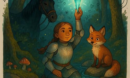 A determined, serene female knight with a round face and light chestnut braided hair in silver light armor engraved with floral motifs holds a blue-green glowing crystal above a dark river, its light illuminating her face and casting sparkling reflections on the water; a playful male fox with a glossy reddish coat, wide mischievous eyes, perked ears and a bushy tail sits on a rock beside her watching the crystal; a warhorse named Starfire with a sleek black coat and simple leather bridle stands slightly back to the left, gently steaming in the cool evening air; the scene is the source of a river in a wooded clearing at dusk with ancient moss-covered trees, colorful mushrooms, floating fireflies and wet rocks reflecting the crystal's glow; she is purifying the river by raising the crystal to the sky as pure light replaces murky water, bubbles and sparks rising, creating a magical, soothing atmosphere in a luminous blue-green palette against deep browns and greens.