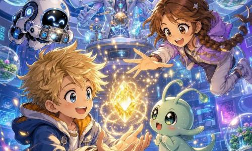 An 8-year-old boy, Finn, smiling and wide-eyed with tousled blond hair, holds a small glowing crystal that spins and emits golden sparks; Lila, an 8-year-old girl with braided brown hair, laughs and reaches toward it while floating beside him; a pale green, sparkling alien named Zuzu with soft antennae looks shy then joyful as the crystal rises; a compact white-and-blue robot called PIP twirls around taking pictures with a mini camera; Professor Zib, a tall iridescent-blue four-armed alien in a silver lab coat, smiles behind a table of floating scientific objects inside the Galactic Science Discovery Center’s glass dome with colorful holographic panels and floating bubbles containing plants and tiny waterfalls — the invisible floor makes everyone levitate slightly as the crystal brightens when Finn thinks of his friends and golden sparks fill the air, faces lit with wonder.