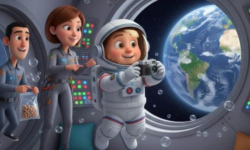 Un niño astronauta de rostro redondo y sonriente, con casco grande blanco y traje espacial blanco y azul con parches coloridos, flota junto a una gran ventana circular sosteniendo una pequeña cámara plateada mientras fotografía la Tierra; una ingeniera de treinta años de cabello corto castaño, con mono gris y herramientas en el cinturón, está junto a un panel de botones luminosos señalando al astronauta; un asistente joven de veinteañero con pelo negro sostiene una bolsa de comida que flota en pequeñas burbujas y sonríe junto a la puerta del módulo; el interior es limpio y redondeado, paredes metálicas suaves, cojines coloridos pegados a las paredes y paneles luminosos verdes, rojos y azules; la ventana muestra la Tierra azul verdosa, nubes blancas y un cielo negro estrellado con luz suave desde el planeta; escena calma y alegre, movimientos lentos, objetos que flotan en burbujas, colores vivos y contrastados, texturas lisas y brillantes, ambiente reconfortante y curioso.