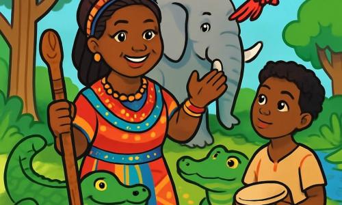 In the center of the image, a strong and wise woman, Chief Amara, stands with a face radiant with determination and kindness. She wears a dress made of colorful fabrics adorned with sparkling beads and holds a carved wooden chief's staff. Her eyes shine with warm light as she raises her arm to gather the animals around her. To her right, a young boy named Mosi, about 12 years old, looks at Amara with admiration. He has curly hair and wears a simple beige tunic, holding a small wooden drum, ready to accompany her in the celebration. In the background, a majestic elephant, with large ears and gray skin, stands proudly, ready to help break the dam blocking the river. Next to it, a crocodile with shimmering green scales observes wisely, while a parrot with bright red and yellow feathers flies above them, adding a splash of color to the blue sky. The setting is a lush clearing in the heart of the forest, surrounded by tall trees with thick trunks and dense foliage. The ground is covered with leaves and colorful flowers, while a sparkling stream flows nearby, symbolizing the return of life. The main scene shows Amara and the animals united, ready to work together to break the dam preventing the water from flowing, illustrating the theme of justice and harmony in nature.