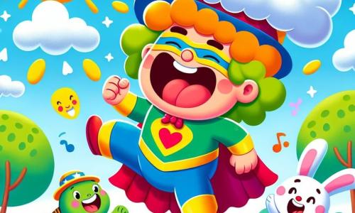 Don Risas es un hombre alegre con una gran sonrisa, vestido con un colorido traje de superhéroe con motivos de nubes y risas. Tiene el cabello rizado y un gran sombrero divertido que le cae sobre los ojos, mientras baila riendo, rodeado de nubes que parecen sonreír también. A su lado, Tula, una tortuga verde con un caparazón brillante, observa con ojos chispeantes de emoción. Ella está bailando sobre sus patas traseras, con sus pequeñas patas delanteras levantadas en el aire. Rayo, un joven conejo blanco con orejas grandes, salta alegremente, con sus patas traseras bien en el aire y una expresión traviesa en su rostro. La escena ocurre en un parque soleado, lleno de árboles de hojas verdes brillantes y flores coloridas que bailan al ritmo del viento. El cielo es azul con algunas nubes blancas que parecen reír y divertirse. La situación principal muestra a Don Risas riendo tan fuerte que hace mover los árboles a su alrededor, mientras Tula y Rayo bailan y se divierten, creando una atmósfera alegre y llena de vida.