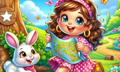 Uma menina de 4 anos, Sofia, com grandes olhos brilhantes e cabelos cacheados castanhos, sorri com empolgação segurando um mapa do tesouro nas mãos. Ela usa um vestido rosa de bolinhas e sandálias amarelas, e está agachada perto de uma árvore velha com uma estrela desenhada em seu tronco. Ao lado dela, sua melhor amiga, Lili, uma coelhinha vaidosa com grandes orelhas e pelagem branca e macia, observa o mapa com curiosidade, seus olhos brilhando de entusiasmo. Lili está sentada na grama verde, pronta para saltar de excitação. O local é um jardim ensolarado, repleto de flores coloridas, borboletas voando e uma brisa suave que faz as folhas das árvores dançarem. Ao longe, vê-se um céu azul radiante salpicado de nuvens brancas e fofas. Sofia e Lili estão em plena aventura, procurando um tesouro escondido sob as folhas, com expressões de alegria e mistério em seus rostos, prontas para descobrir o que a caça ao tesouro lhes reserva.
