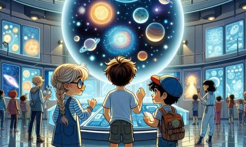 En una gran sala de la estación espacial, tres niños están en el centro: Leo, un niño de nueve años con cabello castaño desordenado y ojos llenos de curiosidad, observa asombrado una esfera brillante flotante; Clara, una niña de nueve años con gafas redondas y cabello rubio trenzado, toma notas en su pequeño cuaderno, su rostro iluminado por la luz azul de la esfera; y Marcos, un niño de nueve años con cabello negro y una gorra roja, sostiene una pequeña herramienta en su mano, listo para explorar los paneles luminosos que rodean la esfera. La sala está llena de luces suaves y paneles holográficos que proyectan imágenes de planetas coloridos y estrellas brillantes. En el centro de la escena, los niños descubren una esfera brillante que proyecta imágenes del universo, mientras extraterrestres amigables, con pieles iridiscentes y ojos grandes y brillantes, los rodean, sonriendo y compartiendo historias fascinantes.
