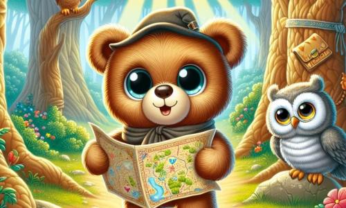 Een klein teddybeer, met zachte, bruine vacht en glanzende, ronde ogen, staat in het midden van de scène met een uitdrukking van nieuwsgierigheid en verwondering. Hij houdt een magische kaart vast in zijn pootjes, met wijdopen ogen van opwinding. Naast hem zit een oude wijze uil, met grijze veren en ronde brillen, op een tak, kijkend naar de beer met een vriendelijke glimlach, zijn ogen sprankelend van wijsheid. De achtergrond is een betoverende open plek, omringd door majestueuze bomen met dikke stammen en stralende bladeren, waar kleurrijke bloemen dansen in de wind, en zonnestralen door het loof schijnen, wat een magische sfeer creëert. De hoofdscène toont de beer die de glinsterende kaart ontdekt, klaar om zich op een ongelooflijk avontuur te storten, terwijl de uil hem wijs aanmoedigt, klaar om de geheimen van de te volgen weg te onthullen.