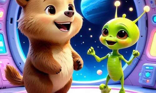 In una sala colorata di una stazione spaziale, un orso bruno di nome Bruno, con grandi occhi curiosi e un pelo morbido, guarda con meraviglia un piccolo alieno verde di nome Zog. Bruno, con un sorriso gioioso e le zampe sollevate, sembra entusiasta per l'avventura che li attende. Zog, un alieno con tre occhi brillanti e antenne scintillanti, salta di gioia con le braccia alzate, mostrando il suo entusiasmo per l'amicizia trovata. La sala è piena di giochi luminosi, blocchi colorati e schermi scintillanti, con stelle brillanti visibili attraverso un oblò sullo sfondo, creando un'atmosfera magica e futuristica. Bruno e Zog celebrano la loro vittoria dopo aver superato un test di amicizia, circondati da giocattoli fluttuanti e un'atmosfera gioiosa, pronti a esplorare insieme nuovi mondi.