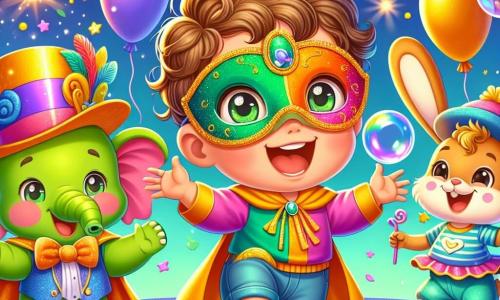 Un niño de 2 años, con cabello rizado y ojos brillantes, lleva una máscara verde, naranja y rosa. Sonríe maravillado, con los brazos abiertos, bailando alegremente en medio de la escena. A su lado, un pequeño elefante verde con una gran capa dorada sopla burbujas de jabón, mientras un adorable conejito de grandes orejas, con un sombrero azul, salta a su alrededor riendo. La escena ocurre en un carnaval mágico, lleno de globos de colores flotantes, guirnaldas brillantes y confeti que cae suavemente del cielo. Los niños bailan y se divierten, todos con máscaras brillantes. El niño se divierte tocando una burbuja que estalla con un "pop", mientras las risas y la música suave crean un ambiente alegre y festivo.
