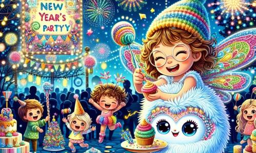 An illustration depicts a small fairy-like creature with shimmering dragonfly wings and fluffy, glowing fur, expressing great joy and excitement while floating in the air, holding a small plate of colorful cupcakes. Beside it, a girl with curly brown hair, round glasses, and a big smile is decorating a cupcake with multicolored glitter, leaning slightly forward to add a finishing touch. The scene is set in a lively park adorned with sparkling lights and colorful lanterns, with trees decorated for the celebration and children laughing and dancing around a large sign saying "New Year Party." The main focus shows the fairy creature and the girl preparing for their New Year celebration, surrounded by laughter and joy, with bright fireworks lighting up the night sky in the background. Other graphic elements include extravagantly decorated cupcakes, floating confetti, and a festive atmosphere filled with vibrant colors and radiant smiles.