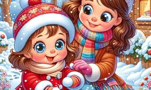 Una niña de 1 año, Clara, con grandes ojos brillantes y mejillas rosadas, está sentada en el jardín cubierto de nieve. Lleva un abrigo rojo brillante, un gorro de lana con pompones y guantes coloridos. Clara ríe alegremente al tocar la nieve, maravillada por su textura fría y suave. A su lado, su mamá, una mujer de unos 30 años con cabello rizado y castaño, sonríe mientras coloca una manta sobre una planta. Lleva un suéter cálido y una bufanda colorida, inclinándose ligeramente hacia Clara y compartiendo un momento de complicidad. El jardín es encantador, con árboles nevados, copos de nieve cayendo suavemente del cielo gris claro y huellas en la nieve que llevan a la casa de madera, cálidamente iluminada. La escena principal muestra a Clara jugando en la nieve, riendo y descubriendo el frío, mientras su mamá cuida las plantas, creando una atmósfera de felicidad familiar y magia invernal.
