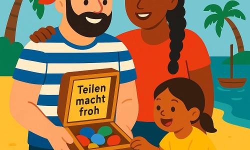 Ein Mann — Kapitän Max — lächelt zuversichtlich und wohlwollend, groß, kurze Bartstoppeln, blauweiß gestreiftes Hemd, rotes Bandana, hält eine kleine offene Holzschachtel; eine Frau — Max' Gefährtin — mit geflochtenem Haar steht neben ihm, lacht und legt die Hand auf seine Schulter; ein etwa sechsjähriges Mädchen in einem gelben Kleid hockt vor der Schachtel, erstaunt, reicht die Hand, um einen bunten Kiesel zu nehmen; ein braunweißer Seehund-Hund wedelt freudig mit dem Schwanz im Sand; Ort: kleine tropische Insel mit goldenem Sand, abgerundeten grünen Palmen, ruhigem türkisfarbenem Meer, einem einfachen Holzboot in der Nähe und einem sanften Himmel mit großer orangefarbener Sonne; Hauptsache: die Szene zeigt ein offenes Kästchen voller glänzender bunter Steine und ein Papier mit der deutlichen Aufschrift „Teilen macht froh“, warme Atmosphäre, gesättigte Farben und rundliche Formen, Komposition zentriert auf die Schachtel und die fröhlichen Gesichter.