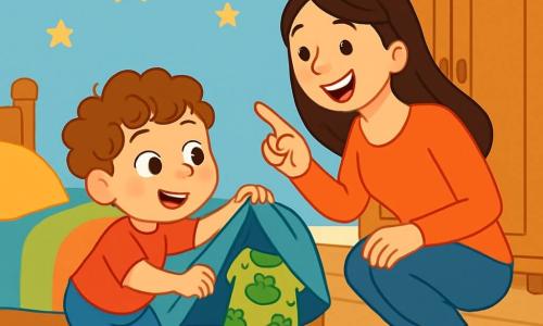 Un bambino di 4 anni, di nome Tommino, con capelli ricci e occhi pieni di curiosità, cerca il suo pigiama con le rane. Ha un'espressione divertita e un sorriso malizioso. Accanto a lui, sua madre, una donna sorridente di circa 30 anni, con capelli lunghi e castani, lo incoraggia ridendo, indicando l'armadio. La scena si svolge in una camera accogliente, con pareti dipinte di azzurro, stelle dorate attaccate al soffitto e un letto morbido coperto da una coperta colorata. Giocattoli in disordine sono sparsi sul pavimento, aggiungendo un tocco di magia. Tommino cerca sotto il letto, mentre sua madre lo osserva con tenerezza, entrambi impegnati in una divertente ricerca del pigiama misteriosamente scomparso.