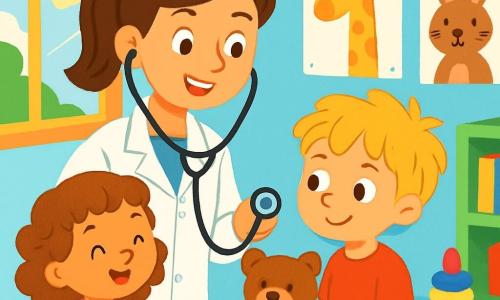 Una doctora, la doctora Lucía, sonriente y llena de vida, lleva una bata blanca brillante y un estetoscopio alrededor del cuello. Tiene el pelo castaño recogido en una coleta y sus ojos brillan con amabilidad. Está de pie en su consultorio médico, rodeada de juguetes coloridos y carteles de animales. A su lado, un niño de 5 años, Timéo, con el pelo rubio despeinado y una camiseta roja, mira con curiosidad un oso de peluche sobre la mesa. Una niña de 4 años, Mia, con el pelo rizado y un vestido rosa, juega con bloques de construcción en un rincón. El consultorio es luminoso, con paredes pintadas de azul pastel y ventanas que dejan entrar la luz del sol, creando un ambiente cálido y acogedor. La doctora Lucía le está explicando a Timéo cómo escuchar su corazón con el estetoscopio, mientras que Mia se divierte construyendo una torre de bloques, llenando la habitación de risas y alegría.
