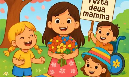 Ci sono 4 bambini: - Anna: una ragazza di 8 anni, con lunghi capelli castani e occhi scintillanti. Indossa un vestito rosa a fiori e un grande sorriso, è al centro e tiene un bouquet di fiori colorati. - Sofia: una ragazza di 7 anni, con capelli biondi e trecce. Indossa una maglietta gialla e pantaloni corti di jeans, è a sinistra di Anna e ride felicemente. - Mia: una ragazza di 7 anni, con un cappello colorato e capelli castani. Indossa un vestito blu, è a destra di Anna e sta preparando dei biscotti su un tavolino. - Lucia: una ragazza di 8 anni, con capelli corti e un sorriso radioso. È su una sedia a rotelle blu decorata con fiori, si trova dietro Anna e tiene un cartello "Buona festa della mamma". La scena si svolge in un parco soleggiato, con un grande albero di ciliegio in fiore e petali rosa che cadono dolcemente a terra. Una grande tovaglia colorata è stesa sull'erba verde, circondata da fiori selvatici e piccoli giocattoli sparsi. I bambini stanno preparando un picnic a sorpresa per le loro mamme, con sorrisi luminosi, biscotti sul tavolo e fiori in mano, creando un'atmosfera gioiosa e festosa.