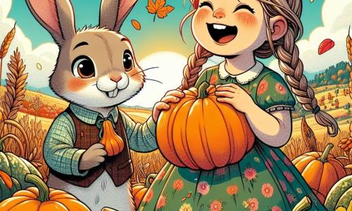 Un pequeño conejo llamado Benito, con un pelaje suave y marrón, grandes orejas atentas y ojos brillantes de curiosidad, sonríe alegremente mientras recoge una calabaza naranja brillante en un campo soleado. A su lado, Clara, una niña de cabello rubio trenzado y vestida con un vestido de flores, ríe sosteniendo una gran calabaza, con las mejillas sonrojadas por la emoción. Al fondo, el campo está lleno de calabazas de diferentes formas, bajo un cielo azul claro salpicado de nubes blancas y esponjosas. La atmósfera es cálida y festiva, con hojas de otoño de colores vivos cayendo suavemente a su alrededor, creando un ambiente alegre y acogedor. La escena ilustra el momento en que Benito y Clara celebran la cosecha de otoño, rodeados de la belleza de la naturaleza.