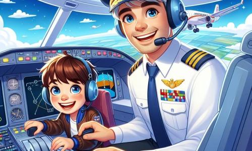 Ein Mann, der Pilot, sitzt im Cockpit eines großen weißen Flugzeugs mit bunten Flügeln, mit einem breiten Lächeln im Gesicht und funkelnden Augen vor Aufregung. Er trägt eine Pilotenmütze und eine blaue Jacke mit Medaillen, während er selbstbewusst die Steuerung anpasst. Neben ihm sitzt ein 8-jähriger Junge namens Max mit braunen Haaren und leuchtenden Augen im Co-Pilotensitz. Er schaut neugierig umher, hält sich fest am Arm des Sitzes, sein Gesicht strahlt vor Freude über die Entdeckung der Welt des Fliegens. Die Illustration spielt im Cockpit des Flugzeugs, umgeben von bunten Instrumenten und hellen Bildschirmen. Draußen sieht man einen strahlend blauen Himmel mit ein paar flauschigen weißen Wolken, und darunter verwandelt sich die Erde in eine Miniaturlandschaft. Die Hauptsituation zeigt den Piloten und Max beim Abheben, mit klopfendem Herzen vor Aufregung, bereit, ein unvergessliches Abenteuer in den Lüften zu erleben.
