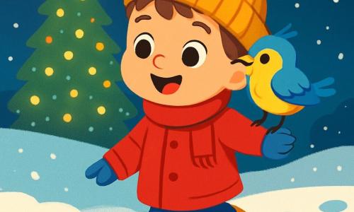 Um menino de 4 anos, chamado Lucas, com grandes olhos brilhantes e um sorriso caloroso, veste um casaco vermelho vivo e um gorro de lã. Ele está caminhando na neve, suas pequenas botas deixando pegadas redondas atrás dele. Ao seu lado, um pequeno pássaro de penas azuis e amarelas, tremendo levemente, está em seu ombro, olhando ao redor com curiosidade. O cenário é uma noite tranquila de Natal, com uma grande árvore de Natal iluminada ao longe, suas luzes brilhantes criando uma atmosfera mágica. A neve cai suavemente, cobrindo o chão com um espesso manto branco, enquanto flocos dançam no ar. A cena mostra Lucas cantando alegremente, ajudando o pequeno pássaro a encontrar seu caminho de volta para seu ninho, cercado pela beleza das luzes de Natal e pelo silêncio da noite estrelada.