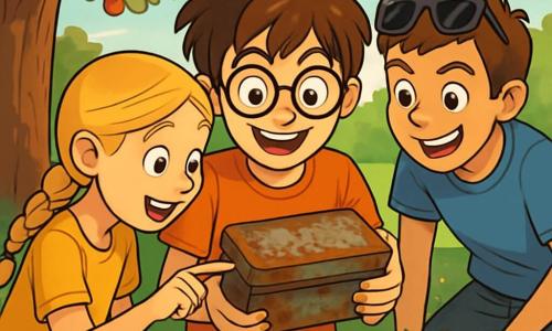 Um garoto de 12 anos, Miguel, com cabelos castanhos bagunçados e óculos redondos, exibe uma expressão de excitação e curiosidade. Ele segura uma pequena caixa de metal enferrujada, com os olhos brilhando de descoberta. Ao seu lado, Sara, uma menina de 11 anos com cabelos loiros trançados, observa maravilhada, apontando para uma inscrição misteriosa na caixa. Gabriel, um garoto de 12 anos com óculos de sol na testa e um sorriso travesso, se inclina para frente, ansioso para ver o que há dentro da caixa. O ambiente é um velho pé de macieira em um pomar verdejante, com flores coloridas e raios de sol filtrando pelas ramas. O chão está coberto de folhas e pequenas pedras, adicionando um toque de magia à cena. Os três amigos estão em plena investigação, descobrindo pistas escondidas na natureza, cercados por uma atmosfera de aventura e mistério, prontos para desvendar o segredo da Figueira Encantada.