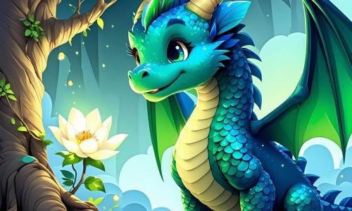 No centro da imagem, um majestoso dragão chamado Zefir, com escamas cintilantes que vão do verde brilhante ao azul profundo, expressa grande curiosidade e alegria contagiante. Suas grandes asas, semelhantes a nuvens, estão abertas atrás dele, e ele se inclina levemente para frente, observando com admiração uma magnífica flor luminosa no topo de uma grande árvore. Ao lado dele, Tico, um pequeno sapo verde vivo com olhos brilhantes, salta alegremente sobre uma pedra, suas patas traseiras no ar, pronto para incentivar seu amigo. Mais acima, Luna, uma delicada borboleta de asas multicoloridas, voa ao redor da cabeça de Zefir, iluminando a cena com suas cores vibrantes. O local é um pântano mágico, onde a névoa leve flutua sobre a água clara, e as árvores com troncos retorcidos se erguem como guardiões silenciosos. Flores vibrantes e plantas misteriosas crescem ao redor, criando uma atmosfera encantada. A cena principal mostra Zefir, Tico e Luna descobrindo a Flor da Luz, uma planta mágica que brilha como estrelas, no coração do pântano, simbolizando a amizade e a coragem que compartilharam em sua aventura.