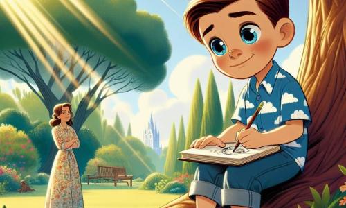 A 7-year-old boy named Oliver, with brown hair and bright eyes, sits on a branch of a large tree, his face showing both sadness and determination. He wears a blue t-shirt with a cloud pattern and denim shorts, holding a small notebook in his hands, ready to draw memories of his grandmother. Nearby, his mother, a woman around 35 with long brown hair and gentle eyes, stands with her arms crossed, watching her son with an encouraging smile. She wears a light floral dress, standing under the tree, surrounded by rays of sunlight filtering through the leaves. The setting is a green park filled with colorful flowers and majestic trees, with a clear blue sky dotted with fluffy white clouds. The main scene shows Oliver sitting on the branch, drawing happy memories of his grandmother in his notebook, while his mother watches him tenderly, creating an atmosphere of warmth and comfort amid sadness.