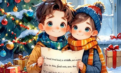 A 7-year-old boy, Oliver, with messy brown hair and sparkling blue eyes, stands in front of a large Christmas tree adorned with twinkling garlands and colorful ornaments. He is smiling widely, his cheeks rosy from the cold, holding a shiny piece of paper with a riddle written on it. Next to him, his best friend Lucy, a 7-year-old girl with golden curls and bright eyes, jumps for joy with her arms raised to the sky. She wears a bright red coat and a striped scarf, adding a splash of color to the scene. Their mother, a woman in her thirties with brown hair and a warm smile, stands slightly back, her arms full of delicious Christmas cookies, watching the scene with wonder. The setting is a cozy living room illuminated by twinkling lights, with snowflakes gently falling outside, creating a magical and festive atmosphere. Oliver and Lucy are preparing a Christmas treasure hunt, surrounded by colorful decorations and hidden surprises, filled with excitement and joy at the thought of pleasing Oliver's mom.