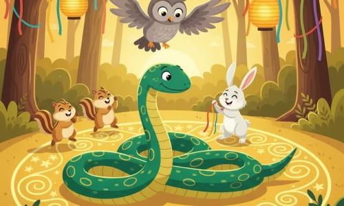 A joyful, shy emerald-green snake named Silas with golden highlights curls in a half-circle on the golden-sanded clearing, drawing luminous spiral patterns as animals dance and applaud at a warm sunset festival; above, Ophelia the gray owl soars with outstretched wings, two chipmunks, Chippy and Chatter, hop and clap at the dance circle’s edge, and Rita the white-eared rabbit stands smiling, holding a colorful ribbon amid hanging paper lanterns and ribbons in a leafy grove.