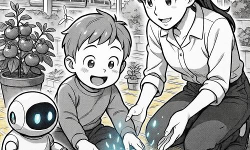 A 4-year-old boy with a round face, rosy cheeks and short light brown hair looks amazed and relieved as he holds a small square glowing notebook like a shiny biscuit on his lap and gently sets it on a yellow solar panel slab; his mother, about 30, with long tied-back hair and a reassuring smile, crouches beside him and reaches to steady the notebook; a smooth, round helper robot with a glossy white body and blue glowing eyes rolls nearby offering a soft cloth from a side hatch; the scene takes place on a futuristic rooftop garden with yellow solar tiles, pots of round red tomatoes, small decorative wind turbines and glass walkways with silver tube trains in the background, as the notebook reactivates under the sun sending soft blue light into floating letters, in a bright, vivid composition centered on the trio and the notebook.
