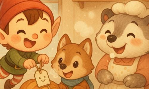 A mischievous round-faced Christmas elf with shiny button eyes, a red pointed hat with a bell and a cheeky smile ties a small paper tag painted with a silver-ink smile around a loaf while leaping joyfully; Milo, a friendly juvenile wolf with warm chestnut fur, curious round eyes and a blue scarf, laughs and leans on the counter with visible breath; Mrs. Badger, a plump baker with floury paws and a cinnamon-stained apron, sneezes a little puff of flour that lands on her nose; the scene is a cozy Christmas bakery with a light wooden counter, fogged windows, garlands and stars, shelves of labeled jars and ribboned cookie packages, where the elf’s prank—jars that seem to 