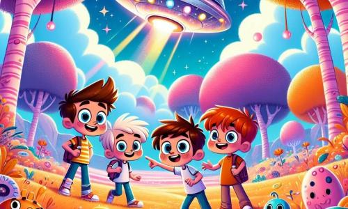 In a colorful landscape on the planet Gigglonia, four boys around 10 years old stand together. Max, with messy brown hair and sparkling eyes, is pointing at a shimmering silver spaceship, smiling widely. Next to him, Leo, a blond boy with round glasses, looks at the ship in awe, arms outstretched as if ready to take off. Sam, with red hair and freckles, jumps for joy with his hands raised to the sky, while Ben, the most cautious of the group with brown hair and a thoughtful expression, stands slightly back, observing the ship with curiosity. The setting is a magical planet with pink-trunked trees and purple leaves, orange grassy fields, and a bright blue sky dotted with candy-shaped clouds. Colorful, round-eyed alien creatures called Giggloons dance joyfully around the boys, adding a touch of magic to the scene. The main focus shows the boys discovering the mysterious spaceship, ready to embark on an incredible adventure, their faces lit up with excitement and wonder.