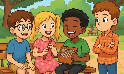 Há 4 crianças: - Lucas: um menino de 10 anos, com cabelos castanhos e óculos, vestindo uma camiseta azul e um short bege. Ele está sentado em um banco, sorrindo e olhando para Malik com curiosidade. - Sofia: uma menina de 9 anos, com cabelos loiros e tranças, vestindo um vestido rosa com flores. Ela está sentada ao lado de Lucas, com os olhos brilhando de excitação, segurando uma flauta. - Malik: um menino de 10 anos, com cabelos negros cacheados e pele morena. Ele usa uma camiseta verde e calças pretas. Ele está sentado no banco, tocando kalimba com um grande sorriso, cercado por seus novos amigos. - Tomás: um menino de 10 anos, com cabelos castanhos e pele clara, vestindo uma camisa xadrez. Ele está de pé perto do banco, com os braços cruzados, mas com um olhar curioso e aberto. O local é o recreio de uma escola, um grande espaço ensolarado com árvores verdes, bancos de madeira e crianças brincando ao longe. O chão é coberto de cascalho e algumas flores coloridas que crescem entre as pedras. A situação principal mostra Malik tocando kalimba, cercado pelos amigos Lucas e Sofia, que o escutam com admiração. Tomás, inicialmente um pouco hesitante, se aproxima lentamente, intrigado pela música. A atmosfera é alegre e cheia de cores, simbolizando a amizade e a aceitação das diferenças.