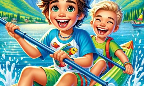 Um menino de 10 anos, Tomás, com cabelos castanhos bagunçados e um largo sorriso radiante de alegria, está sentado em um caiaque colorido no meio de um lago cintilante. Ele usa um short azul vivo e uma camiseta com estampas de peixes, seus olhos brilham de excitação. Ao seu lado, seu melhor amigo Lucas, também de 10 anos, tem cabelos loiros e óculos de sol no nariz, rindo enquanto segura um remo, pronto para remar. Ao fundo, o lago é cercado por majestosas montanhas verdes sob um céu azul claro, com pássaros voando alegremente. A cena principal mostra Tomás e Lucas remando juntos, rindo e se divertindo, enquanto respingos de água saltam ao redor deles, capturando o espírito de aventura e camaradagem de suas férias de verão.