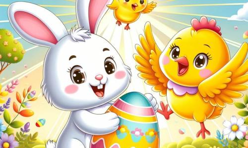 Un coniglietto di nome Bobo, con pelliccia bianca e grandi orecchie, è al centro dell'immagine, mostrando un'espressione di gioia mentre tiene un uovo di Pasqua colorato tra le zampe. Accanto a lui, una gallina dalle piume dorate e un sorriso amichevole, che lo incoraggia alzando un'ala, e un pulcino giallo vivace che salta di gioia indicando l'uovo. Lo sfondo è un giardino primaverile splendente, pieno di fiori colorati, alberi in fiore e raggi di sole che illuminano la scena. In lontananza si intravede un cielo blu chiaro con alcune nuvole bianche e soffici. La situazione principale mostra Bobo, circondato dai suoi amici, che celebra la scoperta del suo uovo speciale, con espressioni di felicità e amicizia, in un'atmosfera festosa e gioiosa.