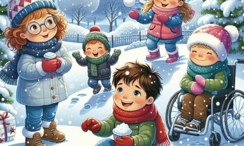 In einem verschneiten Park haben vier Kinder Spaß zusammen. Max, ein 8-jähriger Junge mit braunen Haaren und Brille, lacht, während er auf seinem roten Schlitten rutscht, während Mia, ein 7-jähriges Mädchen mit lockigen blonden Haaren, ihn mit einem großen Lächeln ansieht und eine Tasse heiße Schokolade hält. Lili, ein 6-jähriges Mädchen mit kastanienbraunen Haaren und einer schönen rosa Mütze, bereitet sich darauf vor, einen Schneeball zu werfen, ihre Wangen sind vom Frost gerötet. Schließlich applaudiert Ben, ein 9-jähriger Junge im Rollstuhl, fröhlich, bekleidet mit einem blauen Schal und einer grünen Jacke, während er seine Freunde bewundert. Der Park ist mit einer dicken Schicht glitzernden Schnees bedeckt, mit Bäumen, deren Äste mit weißen Flocken beladen sind, und einem hellblauen Himmel. Fußspuren im Schnee führen zu einem großen Hügel, der perfekt zum Schlittenfahren geeignet ist. Die Kinder haben Spaß beim Schlittenfahren, lachen und spielen im Schnee und schaffen fröhliche Erinnerungen an einen magischen Winter zusammen.