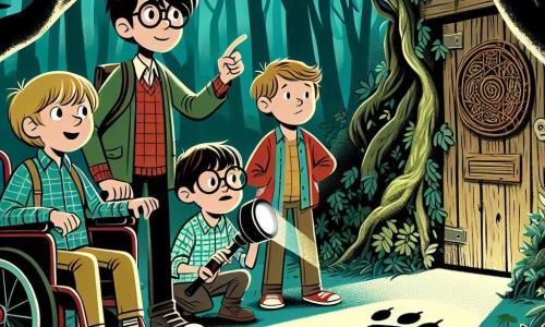 In einem dichten und geheimnisvollen Wald stehen vier Freunde, die Ermittler sind, zusammen. Max, ein 10-jähriger Junge mit zerzausten braunen Haaren und einem roten T-Shirt, zeigt auf eine alte Holztür, die hinter Büschen versteckt ist. Neben ihm schaut Tim, ein 9-jähriger Junge mit runden Brillen und einem karierten Hemd, neugierig und hält eine Taschenlampe. Leo, ein 10-jähriger Junge mit blonden Haaren und einem großen Lächeln, hockt und untersucht Pfotenabdrücke im Boden. Schließlich beobachtet Felix, ein 11-jähriger Junge im Rollstuhl, aufmerksam die Zeichnungen an den Wänden der alten Tür, seine Augen leuchten vor Aufregung. Der Ort ist ein dunkler Wald mit großen, knorrigen Bäumen und grünen Blättern, die das Sonnenlicht filtern und tanzende Schatten auf den Boden werfen. Im Zentrum steht eine alte Holztür, die mit Efeu und Moos bedeckt ist, geheimnisvoll und einladend. Die Hauptsituation zeigt die Freunde, die die geheime Tür entdecken, die sie zu einem versteckten Schatz führen könnte, ihre Gesichter erleuchtet von Aufregung und Neugier, bereit, das Geheimnis zu lösen, das sie dahinter erwartet.