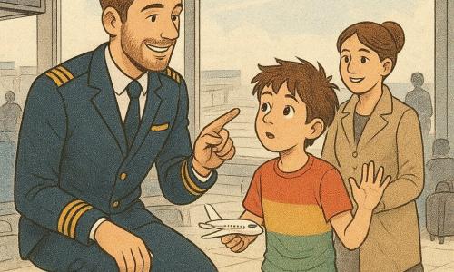 Un piloto alto, cabello castaño corto y barba ligera, con uniforme azul marino y galones dorados, sonriente y agachado mostrando un avión por la ventana a un niño de unos 10 años de ojos curiosos y cabello castaño despeinado que sostiene un avión de juguete y levanta la mano como preguntando; a la derecha y algo atrás, una mujer de treinta años con el pelo recogido y un abrigo ligero sonríe y pone la mano en el hombro del piloto; en un hall luminoso del aeropuerto con grandes cristaleras, un avión despega fuera y viajeros difuminados con maletas, momento tierno e inspirador con luz cálida, colores suaves y ambiente optimista, acabado tipo papel impreso y trazos ligeramente a lápiz.