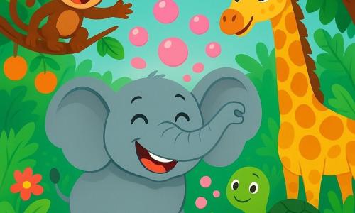 A joyful elephant with gray skin and large, sail-like ears stands at the center of the scene, its big smile revealing white, shiny teeth. It enthusiastically waves its trunk, with pink bubbles floating around it. Next to it, an elegant giraffe with a long neck and golden spots looks on with round, amused eyes and a smile. The backdrop is a vibrant jungle filled with lush green foliage, colorful flowers, and juicy fruits hanging from branches. In the background, curious animals like a playful monkey and a slow turtle approach to see the spectacle. The elephant has just sneezed, causing pink bubbles to burst joyfully in the air, creating a festive and cheerful atmosphere.