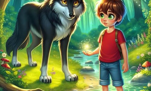 Ein 8-jähriger Junge namens Felix mit kastanienbraunen Haaren und neugierigen Augen steht am Ufer eines klaren Baches in einem verwunschenen Wald. Er trägt ein rotes T-Shirt und eine Jeansshorts, und sein Gesicht zeigt sowohl Staunen als auch leichte Besorgnis. Neben ihm steht ein großer, glänzend schwarzer Wolf mit goldenen, weise und freundlich wirkenden Augen. Der Wolf steht stolz und leicht geneigt zu Felix, als wolle er ihn beschützen. Die Szene spielt in einem dichten Wald, wo Sonnenstrahlen durch das grüne Laub filtern und leuchtende Muster auf den mit Blättern bedeckten Boden werfen. Bunte Blumen und magische Pilze schmücken die Landschaft und verleihen der Umgebung einen Hauch von Märchenhaftigkeit. Felix, der einen kleinen, funkelnden Stein in seiner Hand hält, schaut den Wolf mit einem entschlossenen Ausdruck an, bereit, die Geheimnisse des Waldes zu entdecken und seine Ängste zu überwinden. Der Wolf, in freundlicher Haltung, scheint Felix zu ermutigen, gemeinsam in ihr Abenteuer aufzubrechen.