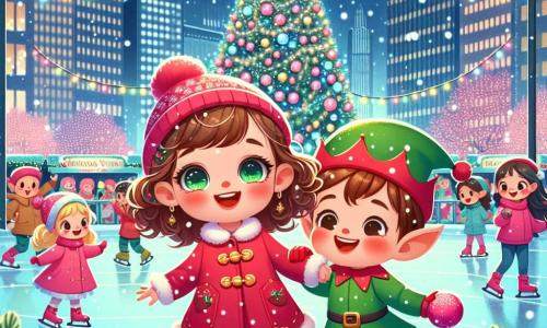 Una bambina di 3 anni, di nome Sofia, con grandi occhi brillanti e capelli ricci castani, indossa un bel cappotto rosso e un piccolo berretto di lana con un pompon. Sorride con meraviglia, tenendo la mano di un elfo di nome Pip, che ha orecchie a punta, un viso gioioso e un costume verde vivo con tocchi dorati. Pip, l'elfo di Natale, è in piedi accanto a lei, sorridente e gesticolante gioiosamente, mostrando la magia del Natale. La scena si svolge in una grande città illuminata da luci colorate, con un grande albero di Natale decorato con ghirlande scintillanti e palline brillanti, circondato da fiocchi di neve che cadono dolcemente. Bambini giocano e ridono intorno a una pista di pattinaggio, mentre le bancarelle del mercatino di Natale offrono dolcetti e decorazioni festive. La situazione principale mostra Sofia e Pip che cantano insieme una dolce canzone di Natale, circondati da persone che si fermano ad ascoltarli, creando un'atmosfera calda e gioiosa, piena di condivisione e felicità.