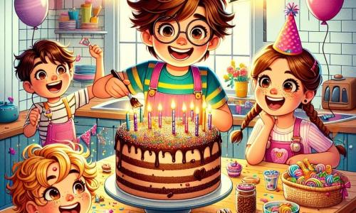 In una cucina colorata e gioiosa, Marco, un ragazzo di 8 anni con capelli castani disordinati e occhiali, è al centro dell'immagine, sorridente mentre decora una grande torta al cioccolato con confetti multicolori. Alla sua destra, Sara, una ragazza di 7 anni con capelli biondi intrecciati e un vestito rosa, lo aiuta mettendo le candeline sulla torta con entusiasmo. A sinistra, Giulia, una ragazza di 8 anni con capelli castani ricci e una maglietta a righe, guarda con meraviglia, gli occhi brillanti di gioia. Più lontano, Luca, un ragazzo di 7 anni sulla sedia a rotelle, sorride tenendo un grande sacco di caramelle, pronto a condividerle con i suoi amici. La cucina è piena di decorazioni per il compleanno: palloncini colorati fluttuano dal soffitto, festoni scintillanti adornano le pareti e un grande tavolo è coperto di dolci e prelibatezze. La luce del sole filtra attraverso le finestre, creando un'atmosfera calda e festosa. La scena principale mostra Marco e i suoi amici intenti a preparare la festa di compleanno, circondati da risate e felicità, mentre si apprestano a celebrare questo momento speciale insieme.