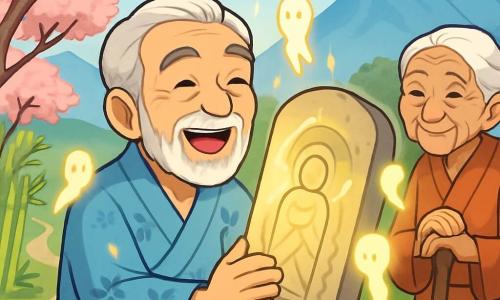 Un hombre anciano, Akihiro, con cabello gris y barba bien cuidada, se encuentra de pie frente a una gran estela antigua, su rostro irradia orgullo y satisfacción. Lleva un kimono azul claro con motivos florales, y sus ojos brillan de emoción. Cerca, una mujer anciana, con cabello blanco y un rostro arrugado lleno de sabiduría, observa a Akihiro con una sonrisa benevolente, sus manos apoyadas en un bastón de madera. El fondo es un paisaje montañoso japonés, con cumbres majestuosas bajo un cielo azul claro, cerezos en flor con pétalos rosas flotando en el aire, y un sendero sinuoso bordeado de bambúes verdes. La escena principal muestra a Akihiro levantando la estela caída, rodeado de una luz suave, mientras espíritus del bosque, representados por sombras luminosas, parecen animarlo en su tarea.