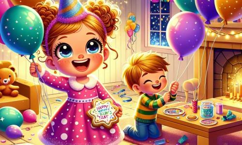 A 6-year-old girl named Lily, with big bright eyes and curly hair, smiles excitedly while holding colorful balloons. She wears a pink polka-dot dress and a sparkling party hat. Next to her, her friend Max, a 6-year-old boy with blonde hair and round glasses, laughs while holding a paper garland. Emily, another 6-year-old friend with brown braids, decorates a cookie with colorful icing, sitting on the floor near Lily. 

The scene takes place in a cozy living room decorated with sparkling garlands and floating balloons, featuring a large table filled with delicious cookies and fizzy drinks. The walls are adorned with golden stars and multicolored streamers, creating a festive and joyful atmosphere. 

Lily and her friends are busy preparing for the New Year’s party, filled with joy and excitement, ready to celebrate together with laughter and bright smiles.