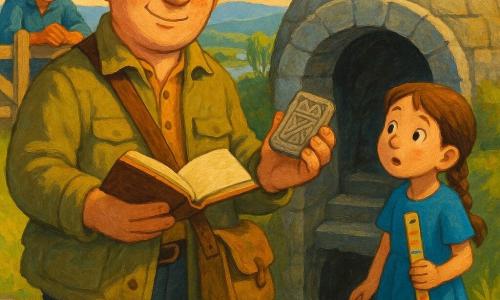 Milo, round-faced with freckles, a calm smile and curious eyes, wears a slightly dusty khaki jacket and a canvas shoulder bag, holding an open notebook and a small carved stone tablet as he stands confidently before the half-open entrance of a semi-buried grey stone dome; a nine-year-old girl with braided brown hair, a blue dress and rubber boots stands to his right in the grass, wide-eyed with wonder and holding a painted ruler, while an older farmer of about fifty in a canvas cap, with tanned skin and rough hands, leans against a wooden gate in the background listening and nodding; they are on a small grassy hill with mossy stones overlooking a valley with a shimmering river, willow-lined banks and bluish hills, the scene lit by soft afternoon light with long shadows, warm colors and rough stone and crushed grass textures, conveying a calm, hopeful atmosphere of exploration.