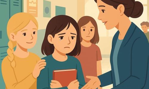 Mira, 12 Jahre, blasses Gesicht, feuchte Augen aber entschlossener Blick, aufrecht, ein Heft an sich gedrückt, spricht leise mit einer Lehrerin (ca. 35, kastanienbraune gebundene Haare, ernstes Lächeln, schützender Blick, leicht zu Mira geneigt, offene Arme beruhigend); Jule, ca. 11, blonde Zopf, loyale und selbstbewusste Miene, steht hinter Mira und legt unterstützend die Hand auf ihre Schulter; Daria, ca. 12, schuldbewusst aber entschlossen, einfache Kleidung, etwas zurückhaltend, bereit auszusagen, schaut zur Lehrerin; Lenn, ca. 12, kurze Haare, gesenkter, verlegener Blick, steht weiter hinten mit zwei kichernden Jungs, unscharf im Hintergrund; heller Schulflur mit grünen und blauen Schließfächern, Schulplakaten an der Wand, Morgenlicht durch ein Fenster, helle Fliesen und klare Schatten; Hauptsituation: Mira, von Freundinnen gestützt, erzählt der Lehrerin von Mobbing, ruhige mutige Konfrontation, angespannte und schützende Atmosphäre; pastellkontraste, klare Linien, einfache Silhouetten, deutliche Gesichtsausdrücke und klar übertragene Emotion.