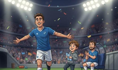 Um homem, Tomás, rosto sorridente e determinado, olhos brilhantes, pele levemente bronzeada, cabelos curtos castanhos, com uniforme completo de futebol azul e branco, corre de braços abertos celebrando um golo; um rapaz de ~14 anos, Tiago, cabelo castanho desgrenhado, pele clara, magro, de roupa de apoio logístico (sweat cinzento e calças de treino), segura garrafas de água junto ao banco, saltitando de alegria e olhando para Tomás; um jogador/capitão adulto, Rui, ~28 anos, barba por fazer, com camisola combinando, aplaude sorrindo atrás de Tiago; estádio grande à noite com holofotes brancos e amarelos, relvado verde vivo com riscas brancas, bancadas cheias desfocadas com bandeiras, túnel escuro à esquerda e corredor cinzento à direita; cena pós-golo animada, multidão a saltar, confetes e faixas, iluminação dramática e cores saturadas, ambiente alegre e seguro.