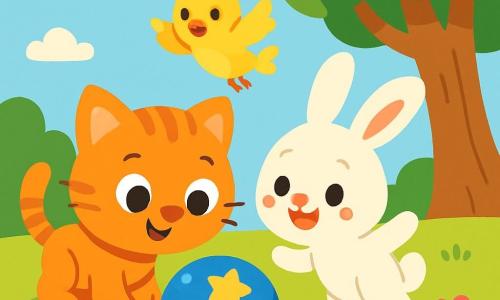 Um pequeno gatinho laranja, Leo, com grandes olhos curiosos e um sorriso alegre, se inclina em direção a uma bela bola azul decorada com estrelas douradas, seu rosto iluminado pela excitação. Ao lado dele, uma coelhinha branca e elegante, Bia, com orelhas longas e um olhar maravilhado, salta alegremente, com as patas traseiras no ar. Um pequeno pássaro amarelo, Tom, com plumagem brilhante e olhos cintilantes, voa logo acima deles, cantando alegremente. A cena ocorre em um parque ensolarado, repleto de flores coloridas e árvores verdes, sob um céu azul claro e algumas nuvens fofas. No centro, Leo, Bia e Tom descobrem juntos a bola mágica sob uma grande árvore, seus rostos radiantes de entusiasmo e curiosidade, prontos para desvendar o mistério de sua origem.