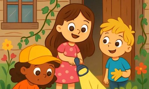 Há 3 personagens: - Mia: uma menina de 7 anos, com cabelos longos e castanhos e olhos brilhantes. Ela usa um vestido rosa com bolinhas e segura uma lanterna. Ela está em frente à porta da casa. - Tom: um menino de 6 anos, com cabelos loiros bagunçados e uma camiseta azul. Ele olha para a porta com curiosidade, sorrindo. Ele está um pouco atrás, ao lado de Mia. - Lila: uma menina de 7 anos, com cabelos cacheados e um boné amarelo. Ela está agachada, examinando o chão com uma expressão concentrada, logo atrás de Tom. O local é em frente a uma velha casa de madeira, com paredes desgastadas e janelas empoeiradas. Cipós sobem pelas paredes e flores silvestres crescem ao redor. A porta de madeira está ligeiramente entreaberta, deixando ver uma luz misteriosa dentro. A cena principal mostra as três crianças descobrindo uma chave brilhante no chão, bem em frente à porta. Elas estão animadas e curiosas, prontas para entrar na aventura que as espera dentro da casa.