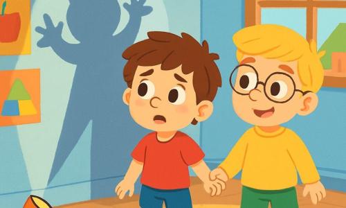 Há 2 personagens principais: - Pedro: um menino de 7 anos, com cabelo castanho bagunçado e olhos marrons. Ele usa uma camiseta vermelha e um short azul, está à esquerda, olhando com curiosidade para uma sombra na parede. - Lucas: um menino de 7 anos, com cabelo loiro e óculos redondos. Ele veste um suéter amarelo e calças verdes, está à direita de Pedro, segurando sua mão e sorrindo de forma reconfortante. O cenário é uma sala de aula acolhedora, com paredes pintadas de azul claro, cartazes coloridos nas laterais e janelas que deixam entrar uma luz suave. No centro, há um tapete macio onde as crianças se sentam em círculo, cercadas por almofadas coloridas. A situação principal mostra Pedro e Lucas, um pouco preocupados, descobrindo as sombras projetadas na parede pela luz de uma lanterna. As sombras dançam ao redor deles, criando formas divertidas e misteriosas, enquanto começam a perceber que o escuro também pode ser um lugar cheio de surpresas.